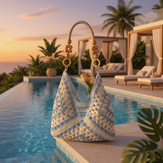 Handmade Crochet Hobo Bag with Wooden Bead Handle – Summer Resort Shoulder Bag