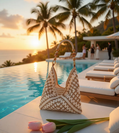 Handmade Crochet Hobo Bag with Wooden Bead Handle – Summer Resort Shoulder Bag