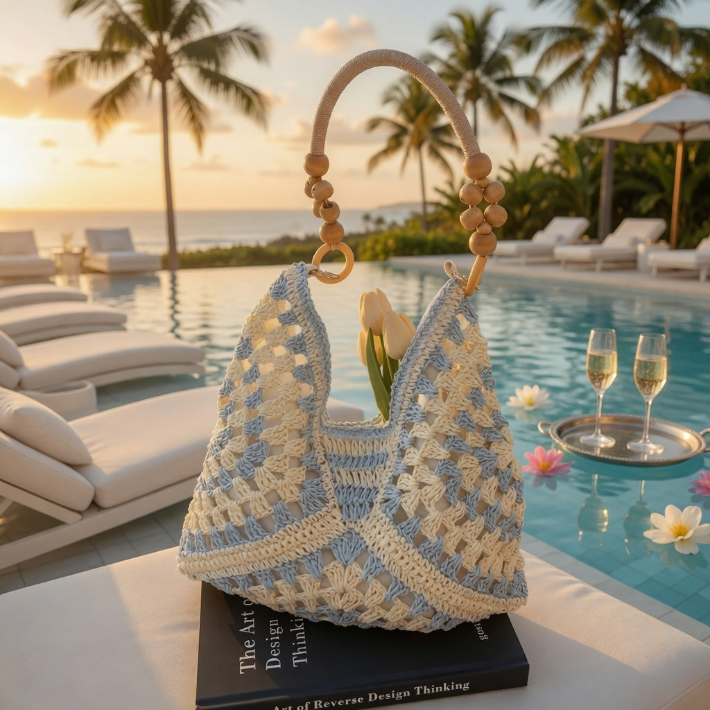 Handmade Crochet Hobo Bag with Wooden Bead Handle – Summer Resort Shoulder Bag