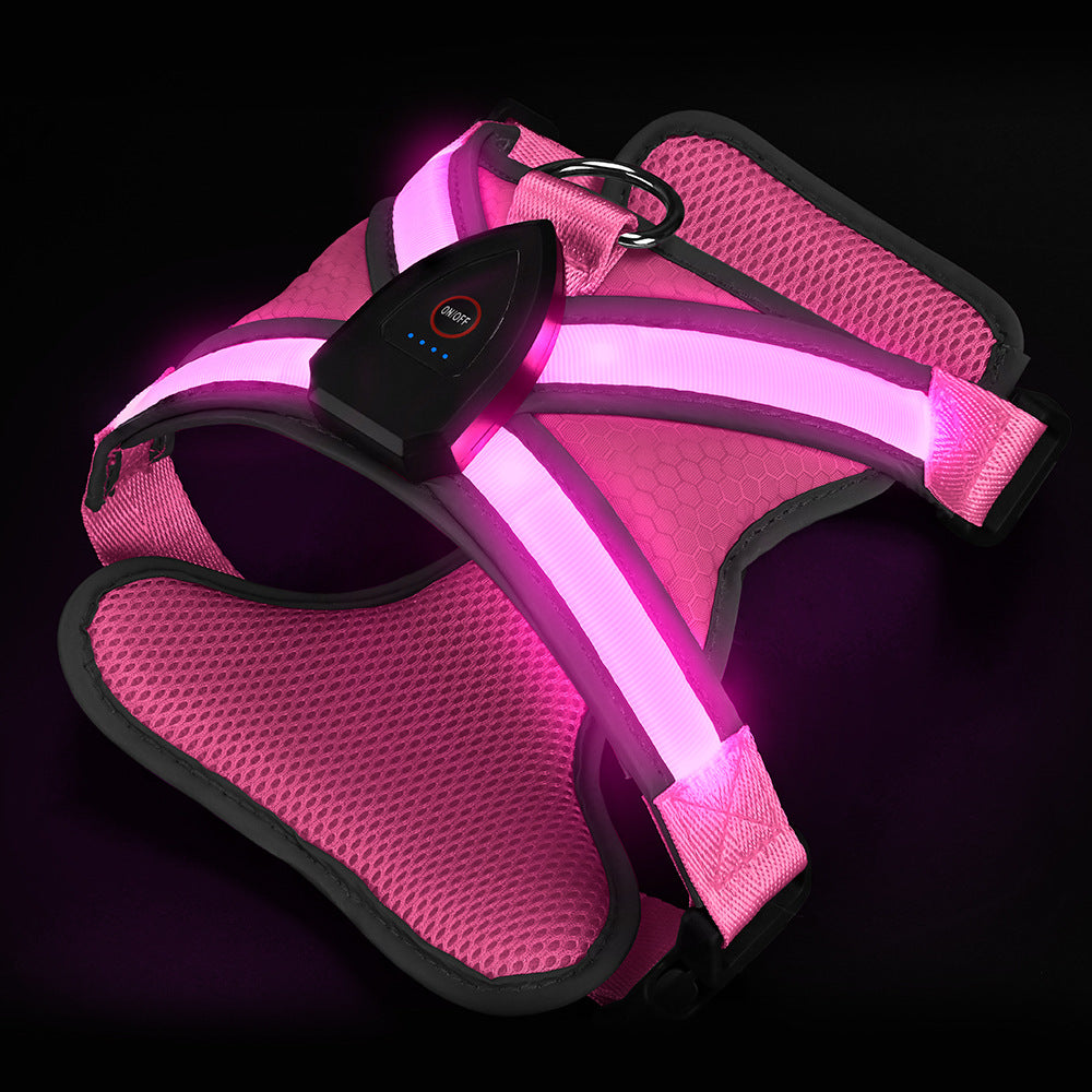 USB Rechargeable LED Dog Harness - Light Up Safety Vest for Night Walking, Adjustable Reflective Strap