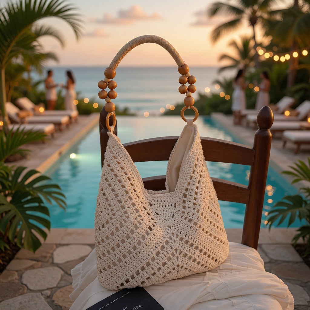 Handmade Crochet Hobo Bag with Wooden Bead Handle – Summer Resort Shoulder Bag