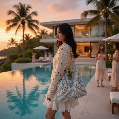 Handmade Crochet Hobo Bag with Wooden Bead Handle – Summer Resort Shoulder Bag