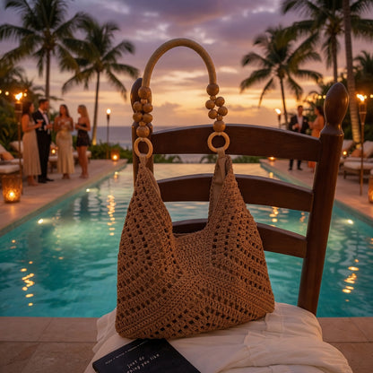 Handmade Crochet Hobo Bag with Wooden Bead Handle – Summer Resort Shoulder Bag