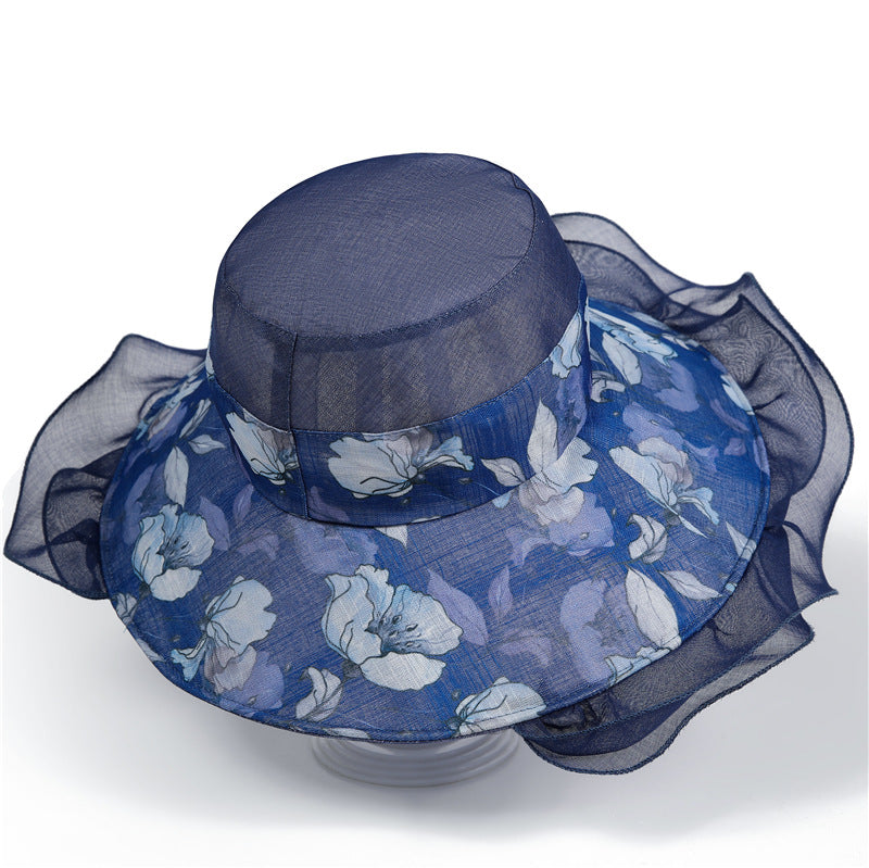 Royal Blue Large Mesh Flower Wide Brim Tea Party Fascinator Hat-Queen Fancy Organza Bonnet Garden Party Hat Cap Costume