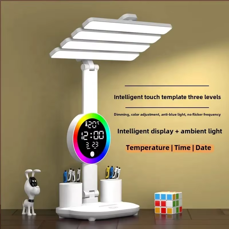 Desk Lamp with Fan – Rechargeable Eye-Protecting Led Study Desk Lamp, with Clock, Pen Holder, Temperature